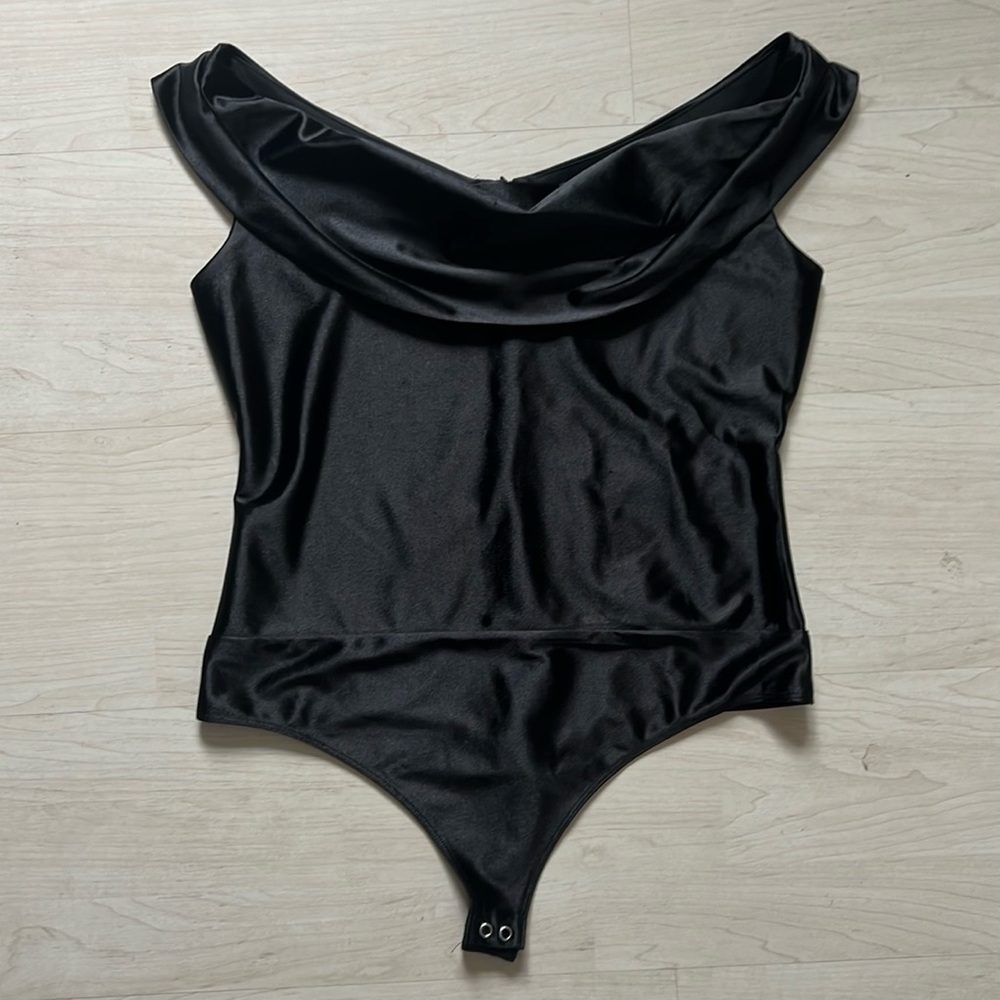 black off the shoulder or boat neck bodysuit